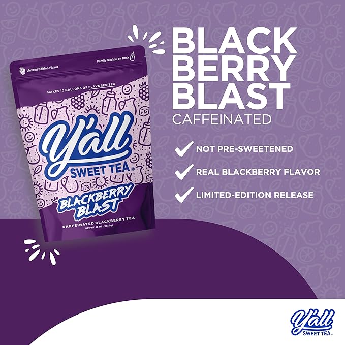 Y'all Sweet Tea Blackberry Blast Flavored Iced Tea Bags, 10 Gallons Pack | As Seen on Shark Tank | Caffeinated | Real Blackberry Flavor | Quick Brew Southern Ice Tea | One Gallon Size Brew