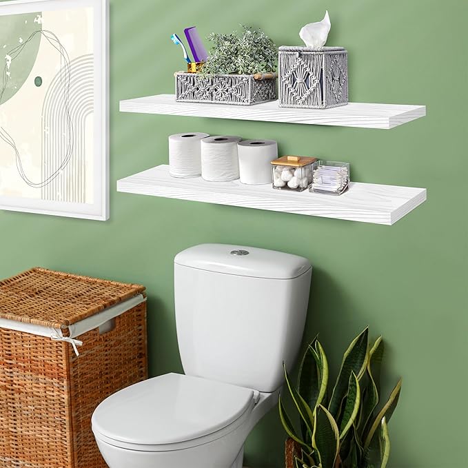 Sorbus 35" White Wood Floating Shelves - Set of 2, Solid Pine, Wall Mounted, Rustic Style, Bathroom & Living Room Decor