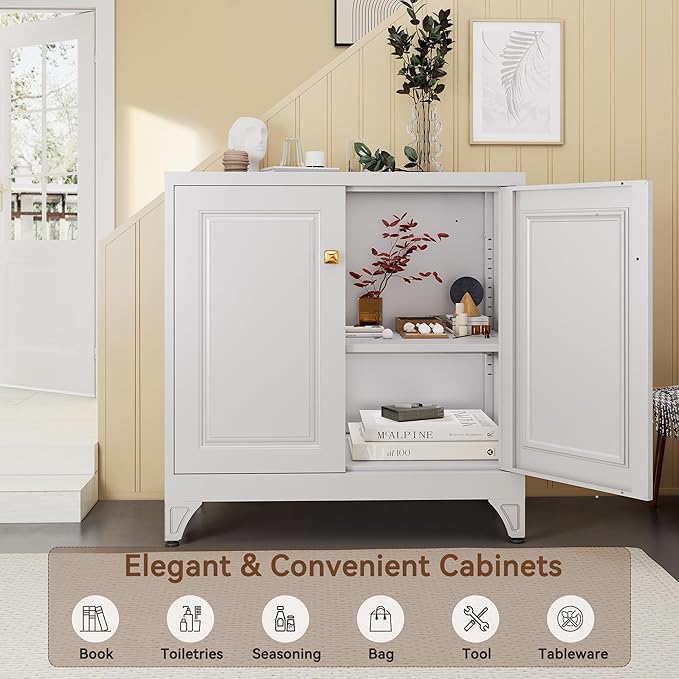 Sideboard Buffet Cabinet, 33" H Sideboard Buffet Storage Cabinet with Doors and Shelves, Coffee Bar, Metal Side Board Cabinets for Living Room, Assembly Required, White