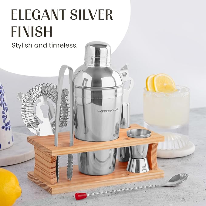 Modern Mixology Cocktail Shaker Set - 8 Piece Bartender Kit with Martini Shaker and Popular Bar Accessories on Quality Pine Stand - Leak Proof Design (Silver)