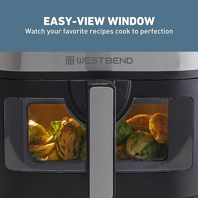 West Bend Air Fryer 7-Quart Capacity with Digital Controls View Window and 13 Cooking Presets, Nonstick Frying Basket, 1700-Watts, Black