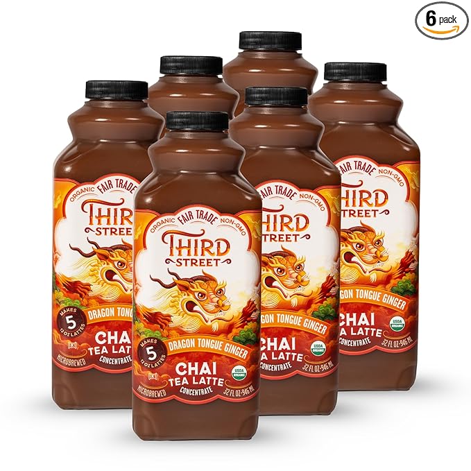 Third Street Inc. Organic Dragon Tongue Ginger Chai Concentrate 6-Pack, 32 Fl. Oz., Black Tea Latte Concentrate, Generously Spiced Tea Blend, Beverage Concentrate 1:1, Vegan, Gluten Free, Kosher, Non-GMO