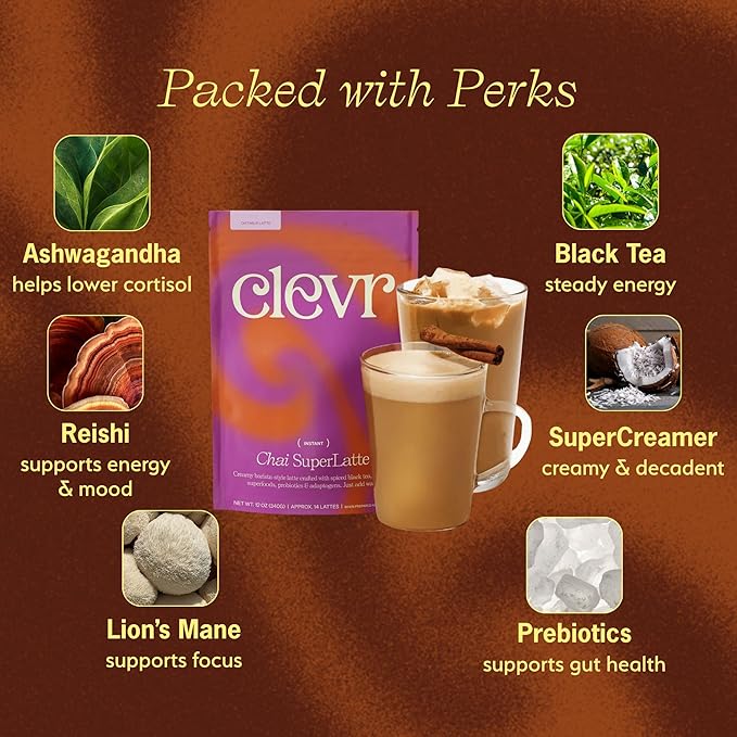 Clevr Chai Tea Latte, Instant Superfood Powder Blend with Oat Milk, Lions Mane, Reishi Mushroom, Black Tea, Organic Spices, Coconut Cream, Ashwagandha, Oprah’s Favorite Things 2022, (30 Lattes)