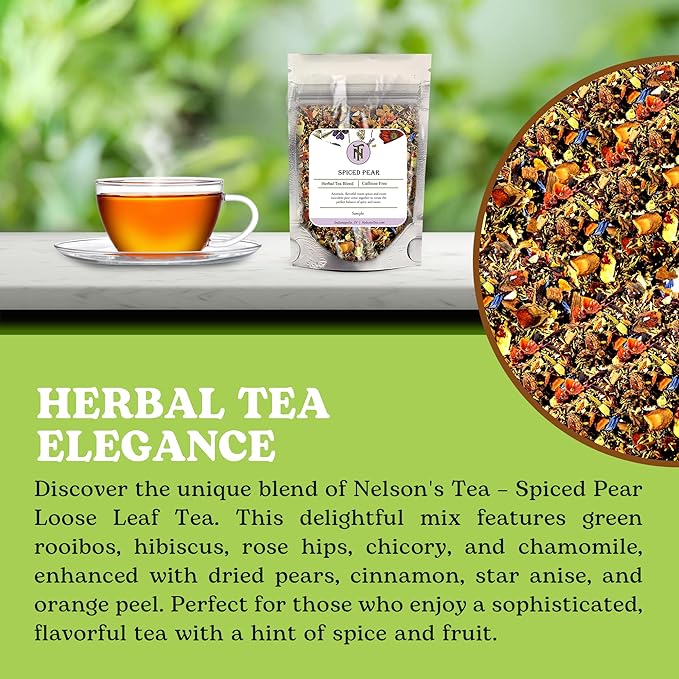 Nelson's Tea - Caffeine Free Spiced Pear Loose Leaf Tea-Blend of Green Rooibos, Hibiscus, Rose Hips, Chicory Root, Chamomile, Dried Pears, Cornflowers, Cinnamon, Star Anise, Orange Peel, and Natural Flavors (Sample 0.4 Oz)