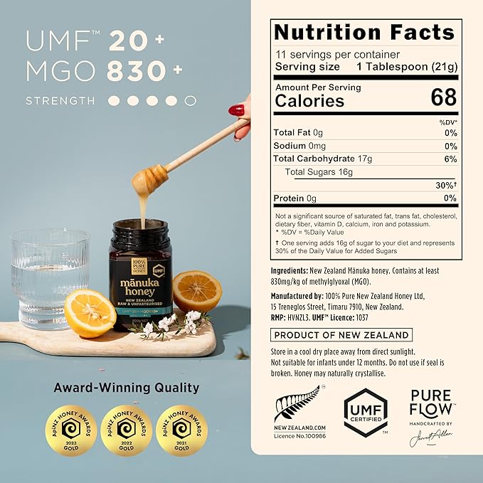 Manuka Honey UMF 20+ MGO 826+ 100% Pure New Zealand Raw & Unfiltered, Certified Award Winning, Silky Smooth Taste & Texture 8.8 Oz