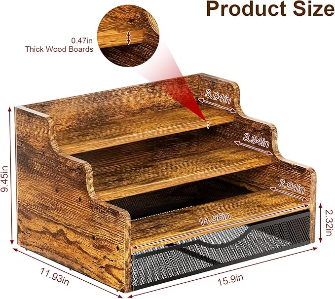 Liquor Bottle Display Shelf with Drawer, 3 Step Countertop Bar Shelves, Coffee Syrup Rack Organizer, Mini Bar, Retro Wine Rack Storage Shelves Stand for Liquor Whiskey Wine