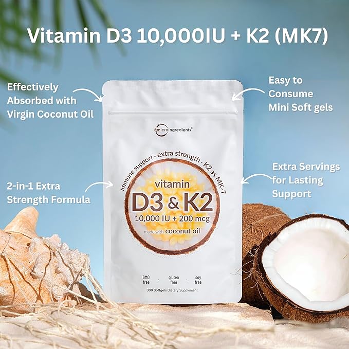 Vitamin D3 10000 iu Plus K2 (MK-7) 200 mcg, 300 Virgin Coconut Oil Softgels| 2 in 1 Vitamins D & K Complex | Supports Calcium Absorption, Bone, Immune, & Heart Health* – Easy to Swallow