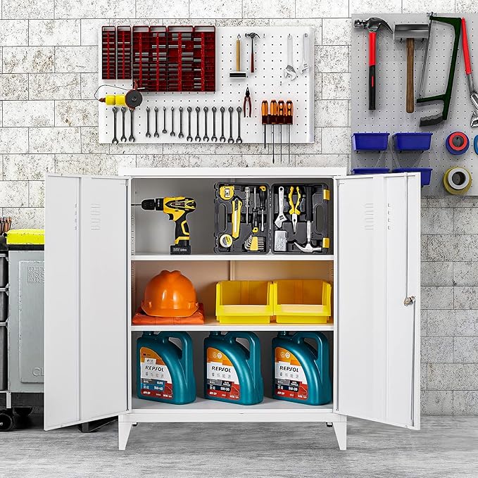 SISESOL White Metal Cabinet with Doors and Shelves,40" Metal Storage Cabinet with Lock Door Adjustable Shelf,File Cabinets for Home Office,School,Kitchen,Garage Storage Tool Cabinets