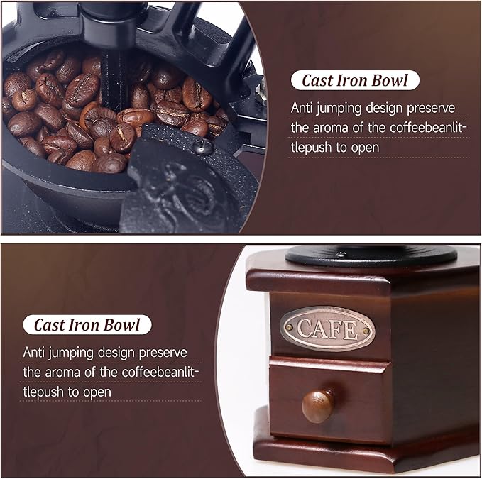 Manual Coffee Grinder Vintage Wooden Coffee Bean Grinder Hand Grinder Roller Antique Coffee Mill for Making Mesh Coffee Classic French Press for Decoration (Hexagon)