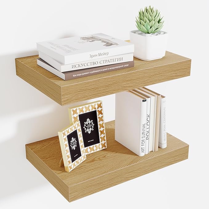 Fun Memories Floating Shelves for Wall - 10 x 16 Floating Shelf - Rustic Wood Storage Shelf - Wall Shelves with Invisible Bracket - 16" Bookshelves for Living Room & Bedroom - Oak - Set of 2