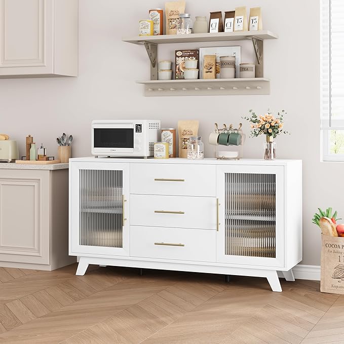 CABIHOME Buffet Cabinet, 56" Sideboard Buffet Storage Cabinet with Adjustable Shelves and Fluted Glass Door, Modern Coffee Bar, Table for Kitchen, Dining Room, White