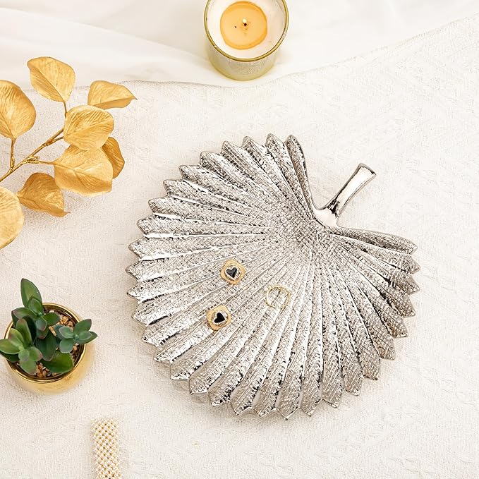 Silver Leaf Decorative Serving Tray for Table Centerpiece 10"+12" Ceramic Leaf-Shaped Trinket Dish, Candle Tray, Vanity Organizer, Coffee Table Decor, Modern Glam Home Decor, Gifts for Women