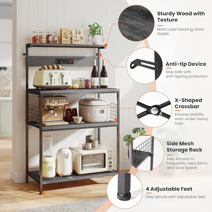 Sweetcrispy Kitchen Bakers Rack with Power Outlet, Coffee Bar Table 4 Tiers, Microwave Oven Stand Station, Adjustable Storage Shelf for Spices, Freestanding Appliance Organizer - 32 Inch, Gray