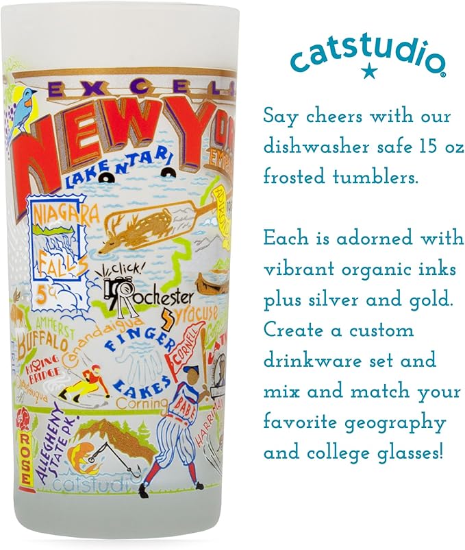 Catstudio Drinking Glass, New York Frosted Glass Cup for Kitchen, Drinking Glasses, 15oz Dishwasher Safe Tumbler for New York Lovers