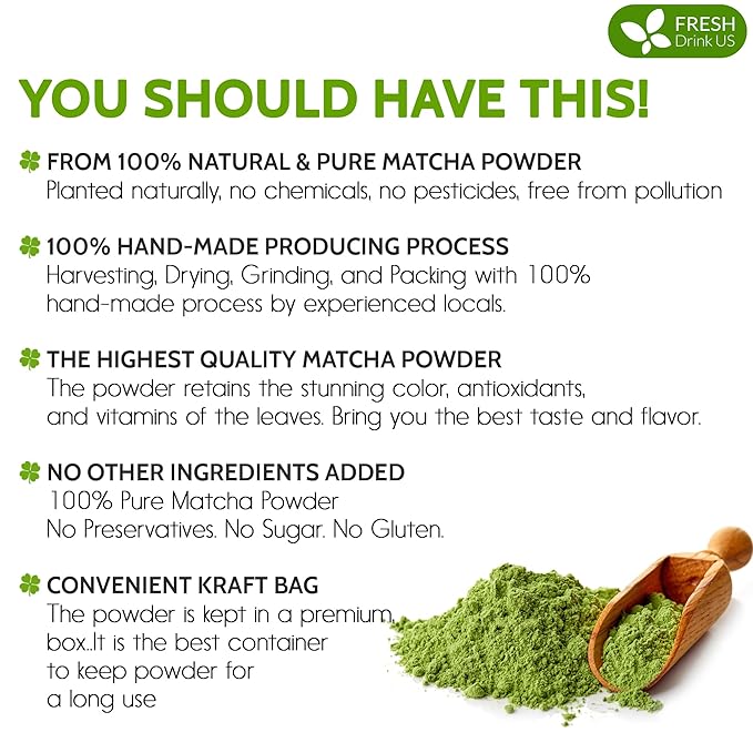 FreshDrinkUS, Matcha Latte Powder 16 oz – Premium Japanese-Style Blend for Smooth, Creamy Matcha Drinks – Perfect for Lattes, Baking, Smoothies & Daily Enjoyment. Vegan