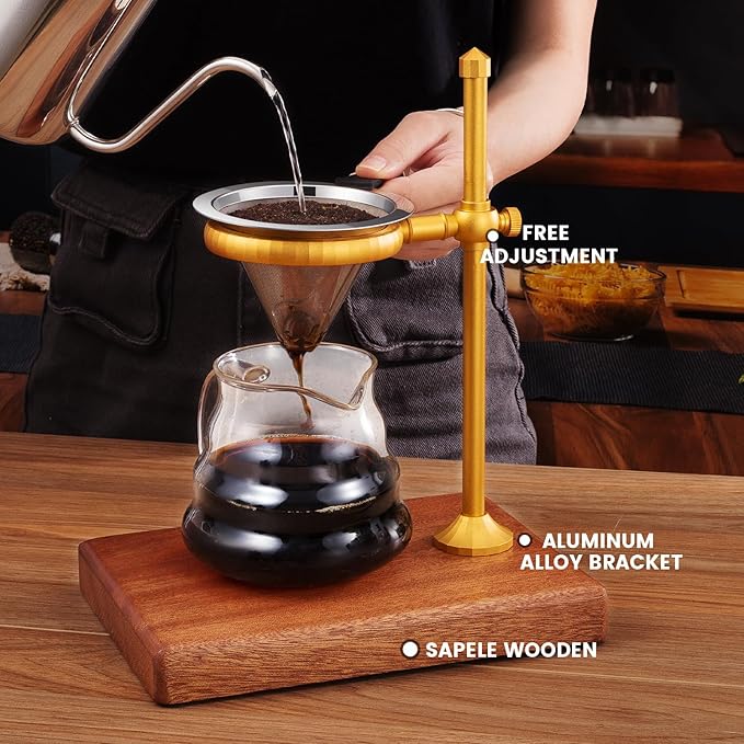 Pour Over Coffee Stand, Height Adjustable Pour over Coffee Maker with Sapele Wooden Base, Paper Filters, Bronze