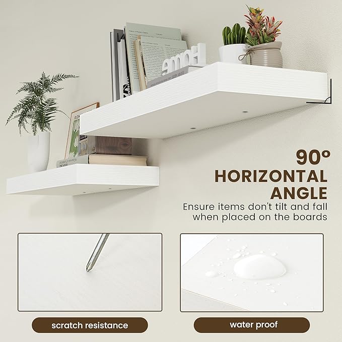 Deep Floating Shelves | 36 Inch White Floating Shelves Set of 2 | 12 Inch Deep Rustic Wood Shelves for Wall | 36" W x 12" D White Shelves for Living Room Bathroom Laundry Room Kitchen