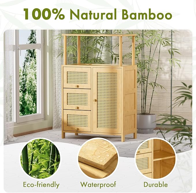 Amazer Sideboard Buffet Cabinet with Storage, Bamboo Storage Cabinets, Rattan Sideboard with Adjustable Shelf, Pantry Cupboard for Kitchen Living Room Entry Coffee Bar, Natural Color