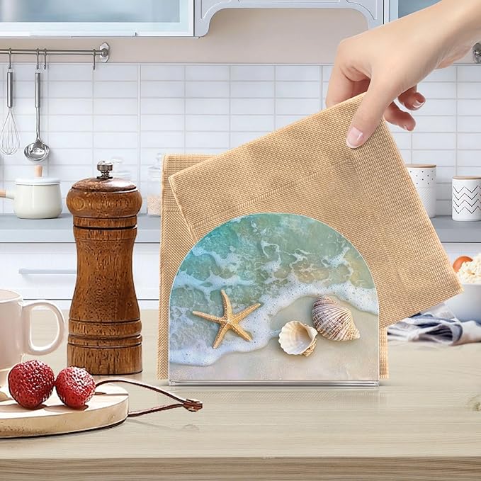 Napkin Holder Acrylic Napkin Holders for Table, Tissue Paper Cocktail Napkin Holder for Kitchen Dinner Napkins Dispenser for Bar Accessories, Blue Beach 1 Pack