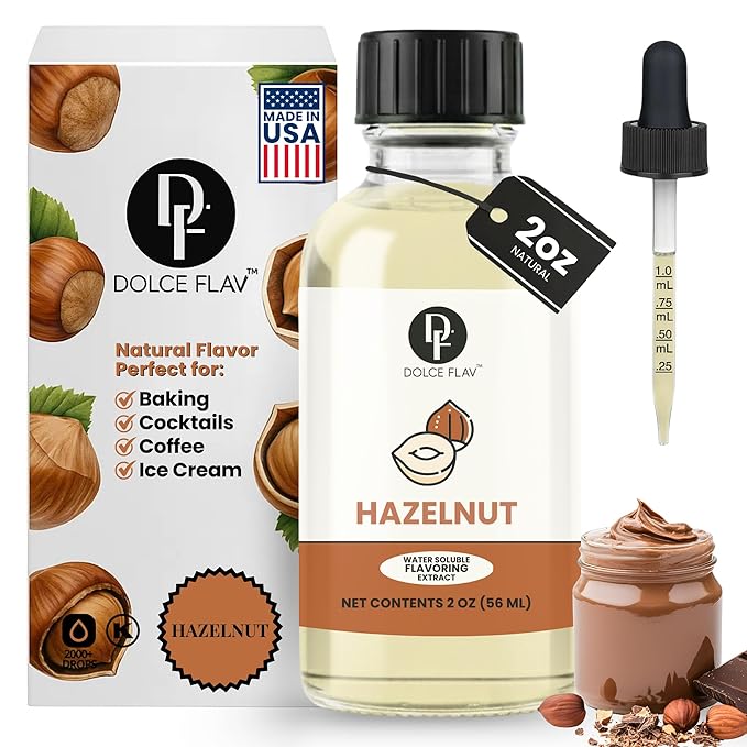 Dolce Flav Natural Hazelnut Extract – 2 Ounce Water-Soluble Kosher, Sugar-Free, Concentrated Toasted Hazelnut Flavoring for Coffee, Baking & Desserts, Includes Measured Dropper