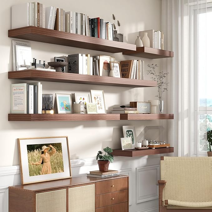 72 Inch Walnut Floating Shelf | 12 Inch Deep Floating Shelves Set of 1 | 72" D x 12" D Rustic Wood Shelves for Wall | Deep Walnut Shelves for Living Room Bathroom Laundry Room Kitchen