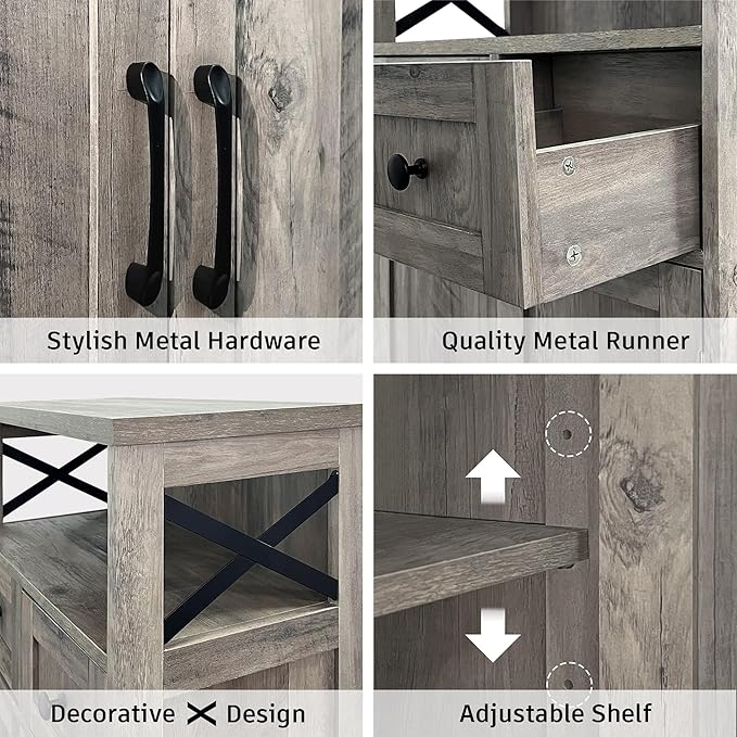 Farmhouse Storage Cabinet with Drawers and Shelf, Freestanding Kitchen Pantry Hutch for Kitchen, Living Room, Home Office, Rustic Grey