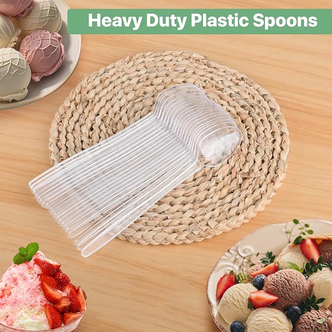 9" Clear Plastic Spoons, Heavy Duty Disposable Spoons, 192 Pack Long Handle Spoon, Plastic Cutlery for Cocktail Stirring Dessert Milkshakes Ice Cream Tea and Floats