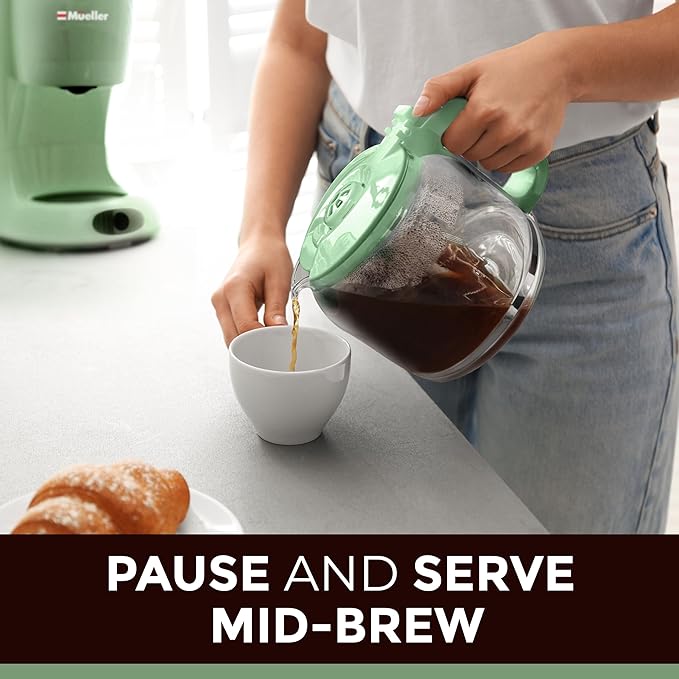 MUELLER HOME 12-Cup Drip Green Coffee Maker, Borosilicate Carafe, Auto-Off, Reusable Filter, Anti-Drip, Keep-Warm Function, Clear Water Level Window, Green Kitchen Accessories & Décor
