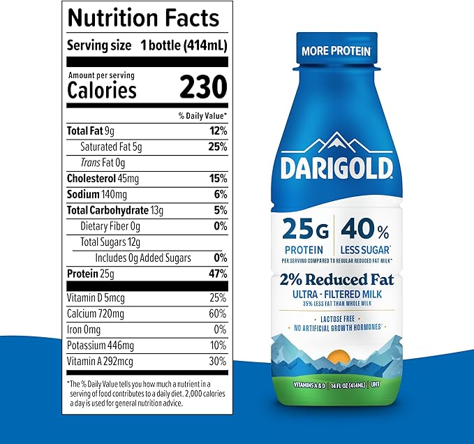 Darigold FIT High Protein Milk 2 Percent - Ultra-Filtered, Low Fat, Lactose Free - 25g Protein, 40% Less Sugar - 14oz Bottles, 12 Pack (White Milk)