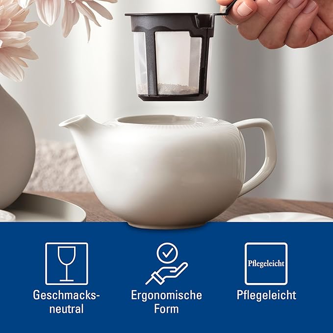 Villeroy & Boch Afina Teapot with Filter, Premium Porcelain, Made in Germany, Dishwasher and Microwave Safe, 17 oz, Loose Leaf Filter, White