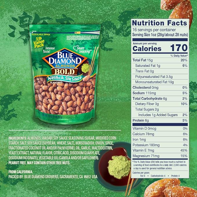 Blue Diamond Almonds Wasabi & Soy Sauce Flavored Snack Nuts, 16 Oz Resealable Bag (Pack of 1)