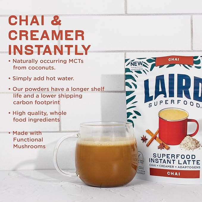 Laird Superfood Chai Instant Latte with Adaptogens - Instant Chai Tea Powder with Superfood Coconut Creamer - Gluten Free, Non-GMO, Vegan, 8 oz. Bag, Pack of 1