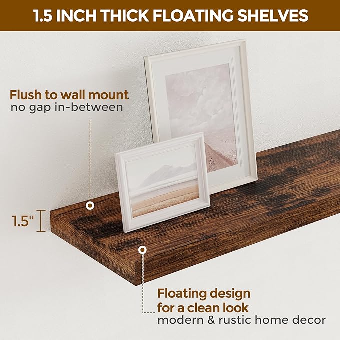40 Inch Floating Shelves for Wall, 9.3 Inch Deep Shelves for Books & Decor, Wall-Mounted Floating Shelf 40 Inch Long Set of 2, Rustic Wooden Shelf for Living Room, Bedroom, Kitchen, Rustic Brown
