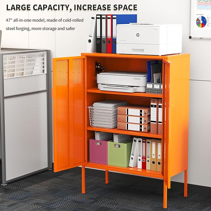 Orange Metal Storage Cabinet with 2 Doors - 47''H Locker Cabinet, 3 Tier Locker with Adjustable Shelves, Office Storage Locker for Office, Home, Living Room, Kitchen