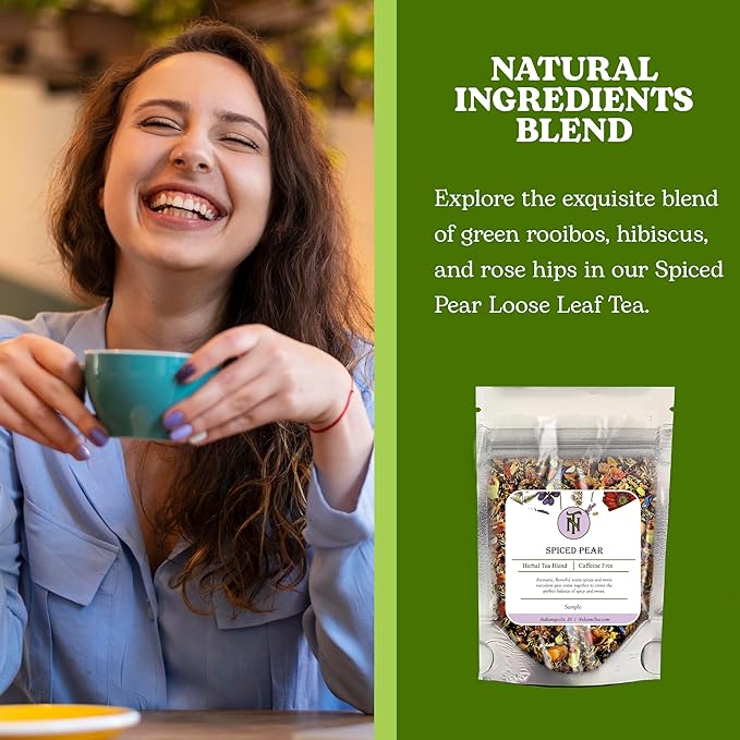 Nelson's Tea - Caffeine Free Spiced Pear Loose Leaf Tea-Blend of Green Rooibos, Hibiscus, Rose Hips, Chicory Root, Chamomile, Dried Pears, Cornflowers, Cinnamon, Star Anise, Orange Peel, and Natural Flavors (Sample 0.4 Oz)