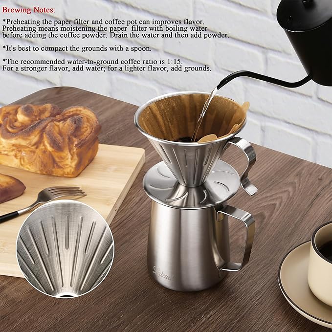 Pour Over Coffee Dripper, 304 Stainless Steel wIth 100 pcs V60 Paper Filters (Coffee Dripper)