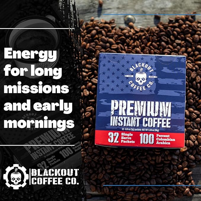 Blackout Coffee Colombian Arabica Instant Coffee – Medium Roast, Strong Aromatic, Single Serve Packets – Premium Quality 32 Count.