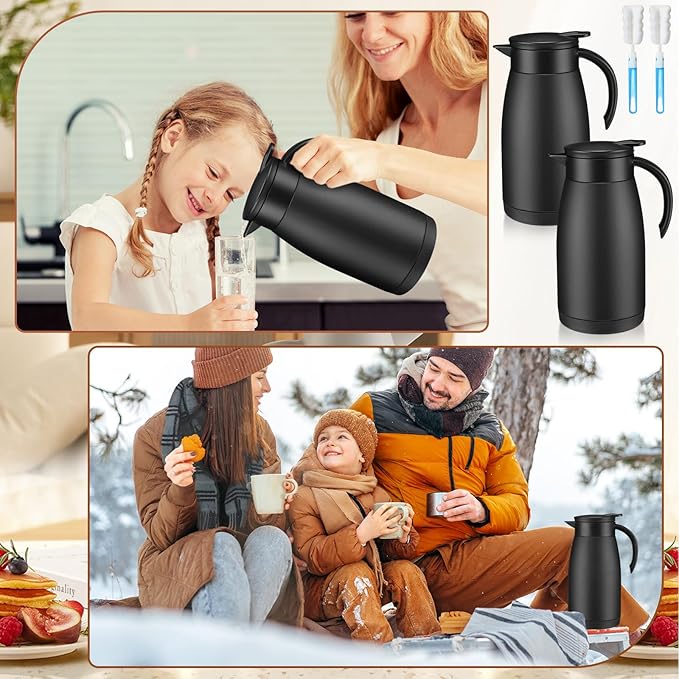 Uiifan 2 Pcs 34 Oz Thermal Coffee Carafe Stainless Steel Insulated Vacuum Coffee Carafes Double Walled Vacuum Thermal Pot Flask with Brushes for Keeping Cold Hot Tea Water Milk Home Office (Black)