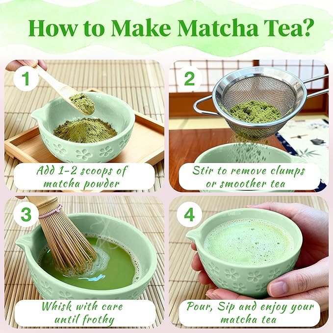 5-Piece Green Ceramic Matcha Set – Matcha Bowl with Spout, Stainless Steel Sifter, Whisk Holder – Complete Matcha Kit for Tea Lovers, Ideal Gift for Christmas, Birthday, and Home Use