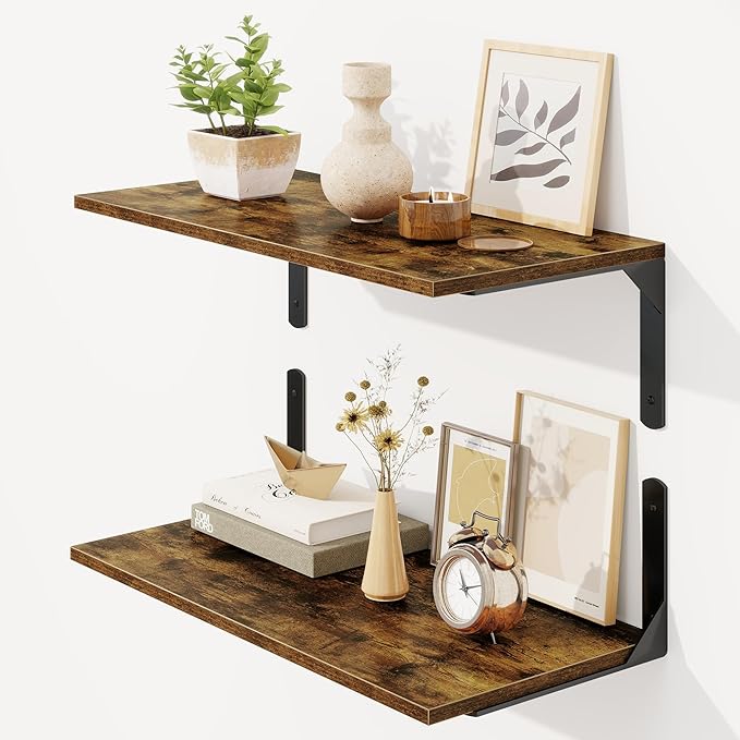 Fun Memories Deep Floating Shelves for Wall, 12 Inch Deep Wall Shelf, 24 Inch Long Floating Shelves with Bracket Set of 2, Rustic Deep Storage Shelf for Bedroom, Living Room, Kitchen, Rustic Brown