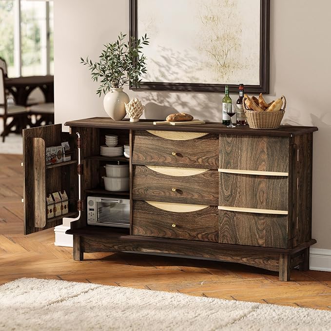Buffet Cabinet, Large Sideboard Buffet Storage Cabinet with 3 Drawers, Coffee Bar Station with Solid Wood Handle and 2 Doors，Concealed Storage Shelves & Sliding Tray for Kitchen, Dining Room