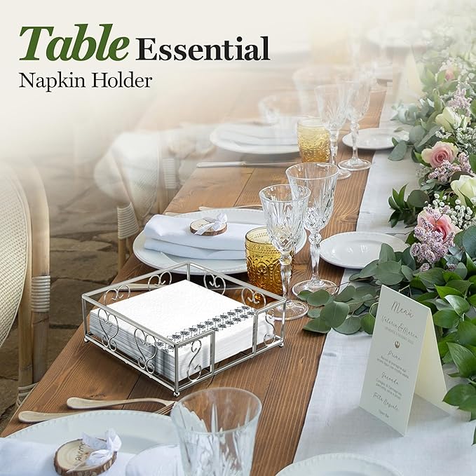 Flat Napkin Holder for Table – Silver Square Dispenser for Paper Napkins, Modern Metal Caddy for Kitchen or Dining, Iron Weighted Organizer, Kitchen Dining Room Decor 7.4 x 7.4 Inch