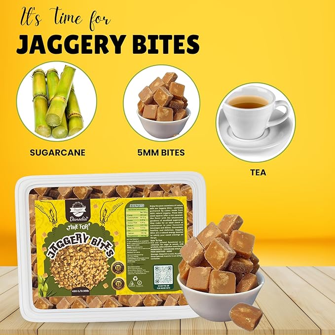 Danodia Foods Organic Snackable Jaggery Bites 1 lb (450g), Pure & Natural, No Additives Sweetener, Vegan & Gluten-Free, Nutrient-Rich Alternative to Refined Sugar for Tea & Coffee, Indian Origin