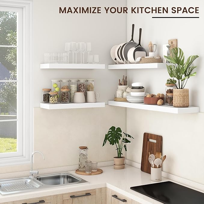 Floating Shelves for Wall, Engineered Wood Wall Shelves with Invisible Brackets for Living Room Bedroom Bathroom Office Kitchen Decor and Storage (White, 48" W x 9" D x 1.5" H) Set of 2
