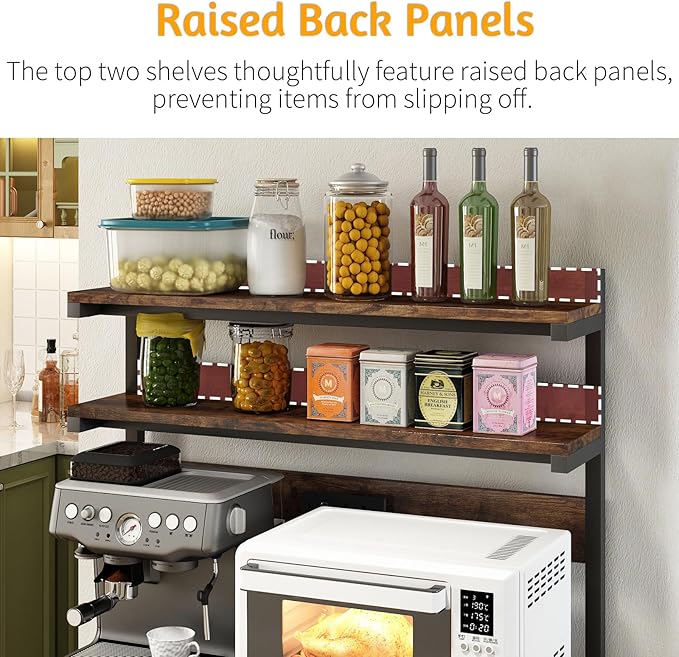 Adjustable Bakers Rack with Power Outlet,Coffee Bar Station with Led Lights,Microwave Stand with Storage,5-Tier Kitchen Shelf,Kitchen Storage Rack for Spices, Pots and Pans,Rustic Brown