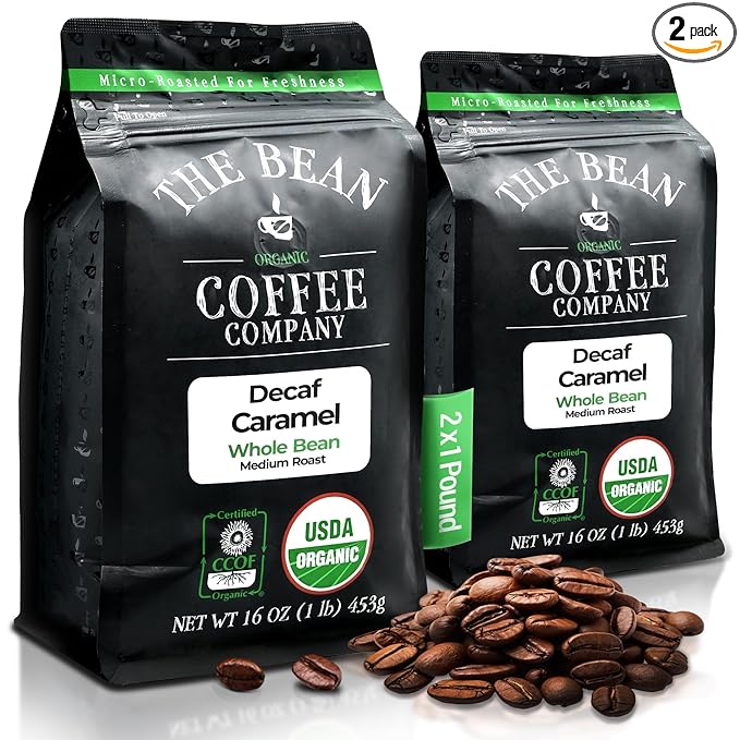 The Bean Organic Coffee Company Water Processed DECAF Caramel, Medium Roast, Whole Bean Coffee, 16-Ounce Bags (Pack of 2)