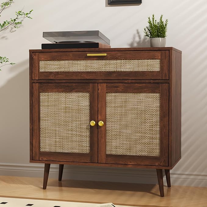 Rattan Sideboard Buffet, Boho Kitchen Cabinet with Drawer & 2 Doors, Modern Mid Century Accent Cabinet with Adjustable Shelf, Coffee Bar for Living Room, Entryway, Kitchen, Walnut