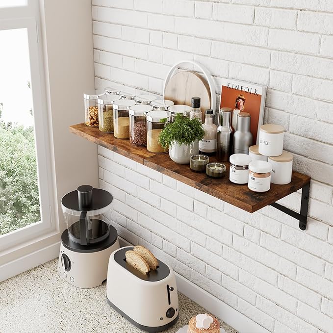 IBUYKE Deep Floating Shelves for Wall,8 Inch Deep Floating Shelves Set of 2,16W x 8D Wood Wall Shelf,Wide Floating Bookshelf for Living Room, Kitchen, Office TFS002H-2