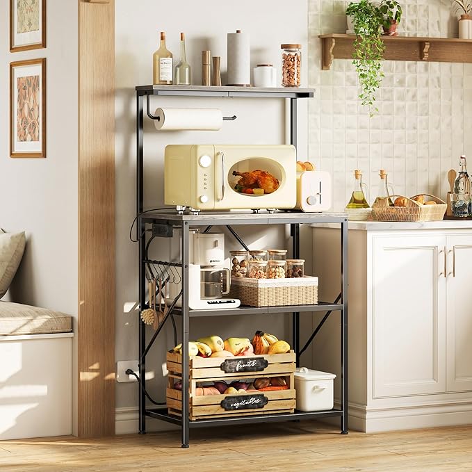 Huuger 4-Tier Bakers Rack with Reversible Power Outlet, 23.6 Inch Microwave Stand, Kitchen Coffee Bar, with Top Shelf, 6 S Hooks, Greige