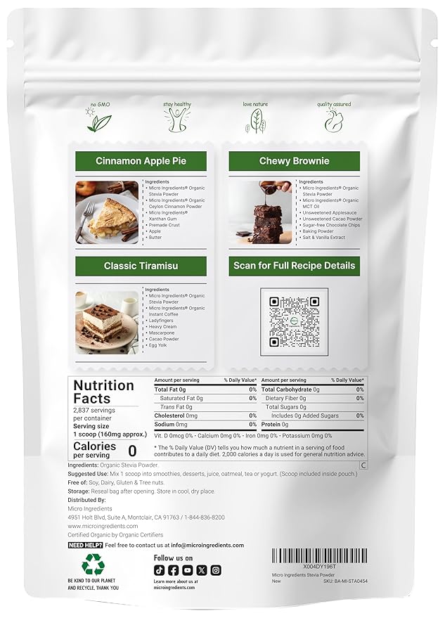 Pure Organic Stevia Powder, 1 Pound, 2,837 Servings, Highest Grade Stevia Green Leaf Extract Reb-A, Reduced Bitter Aftertaste, 0 Calorie, Natural Sweetener, Sugar Alternative, Keto Friendly